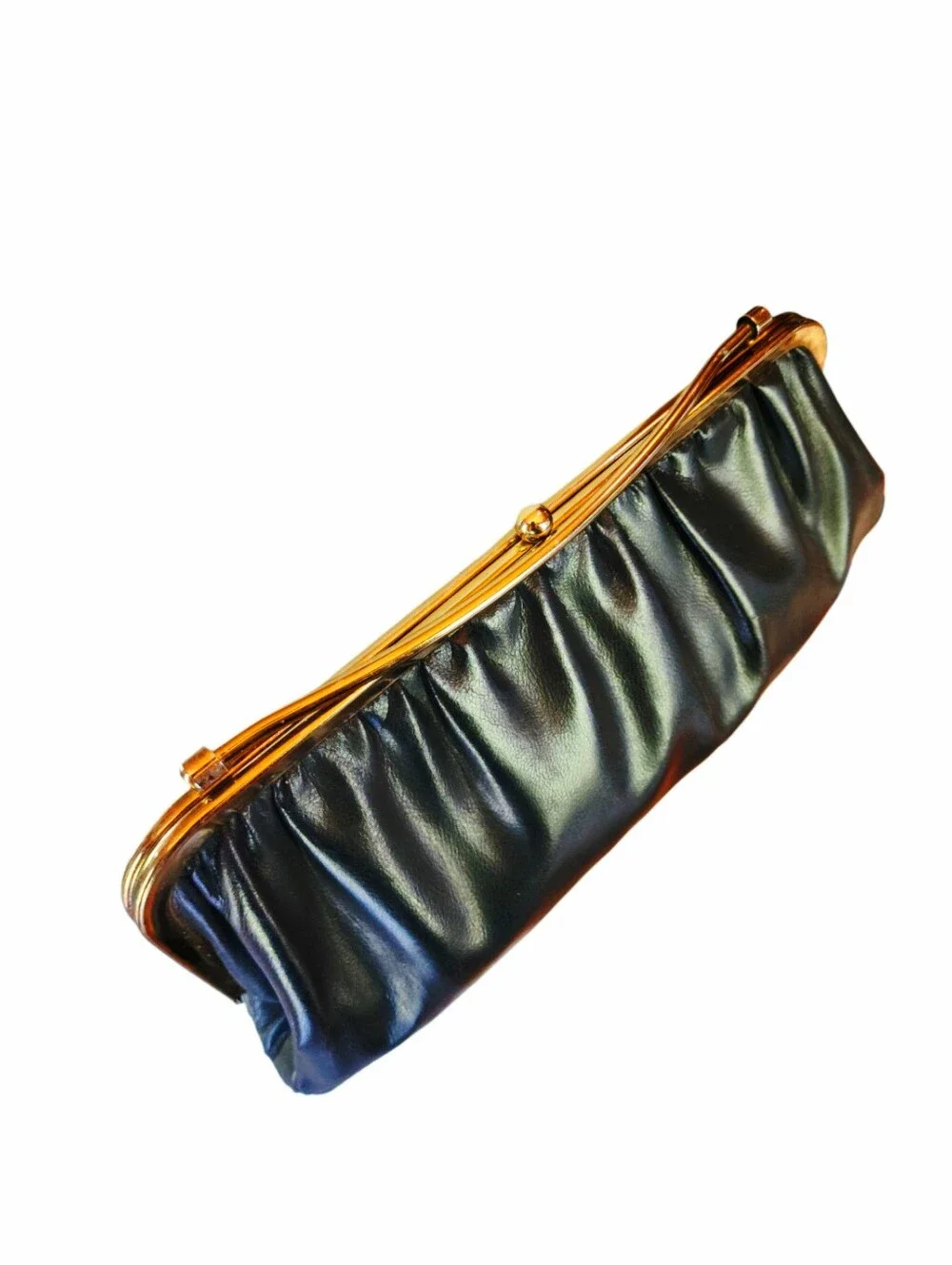 Classic Vintage 50s Navy Leather Clutch with Gold Kiss Closure Frame